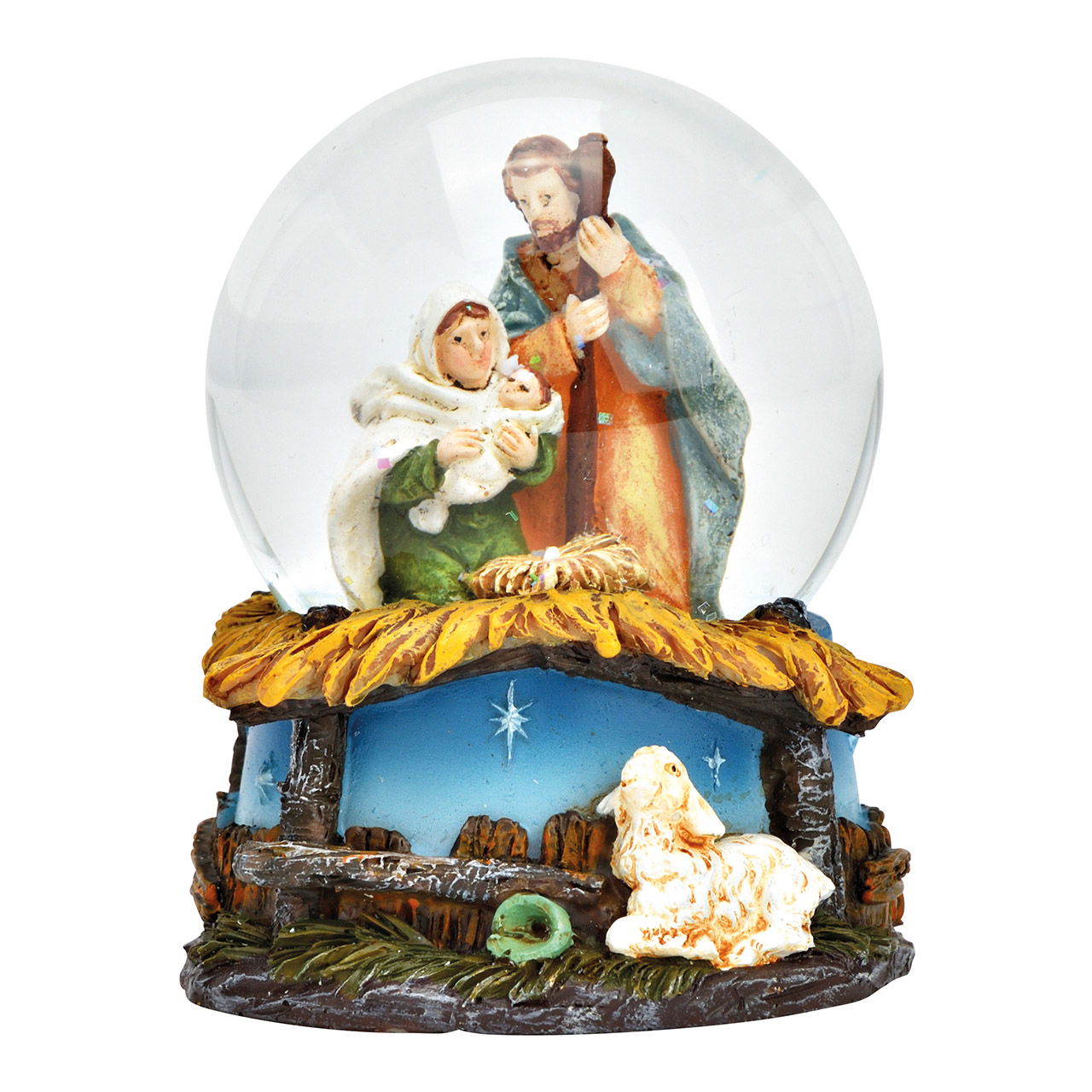 Boule à neige crèche en poly, verre multicolore (L/H/P) 7x9x7cm