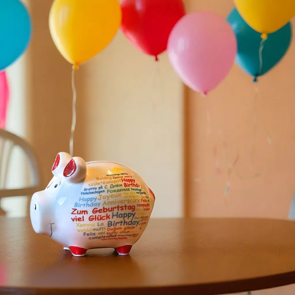 Sparschwein Company Sparschwein Happy Birthday International aus Keramik, Bunt (B/H/T) 12,5x9x9 cm Kleinschwein Ballon, Sparschwein