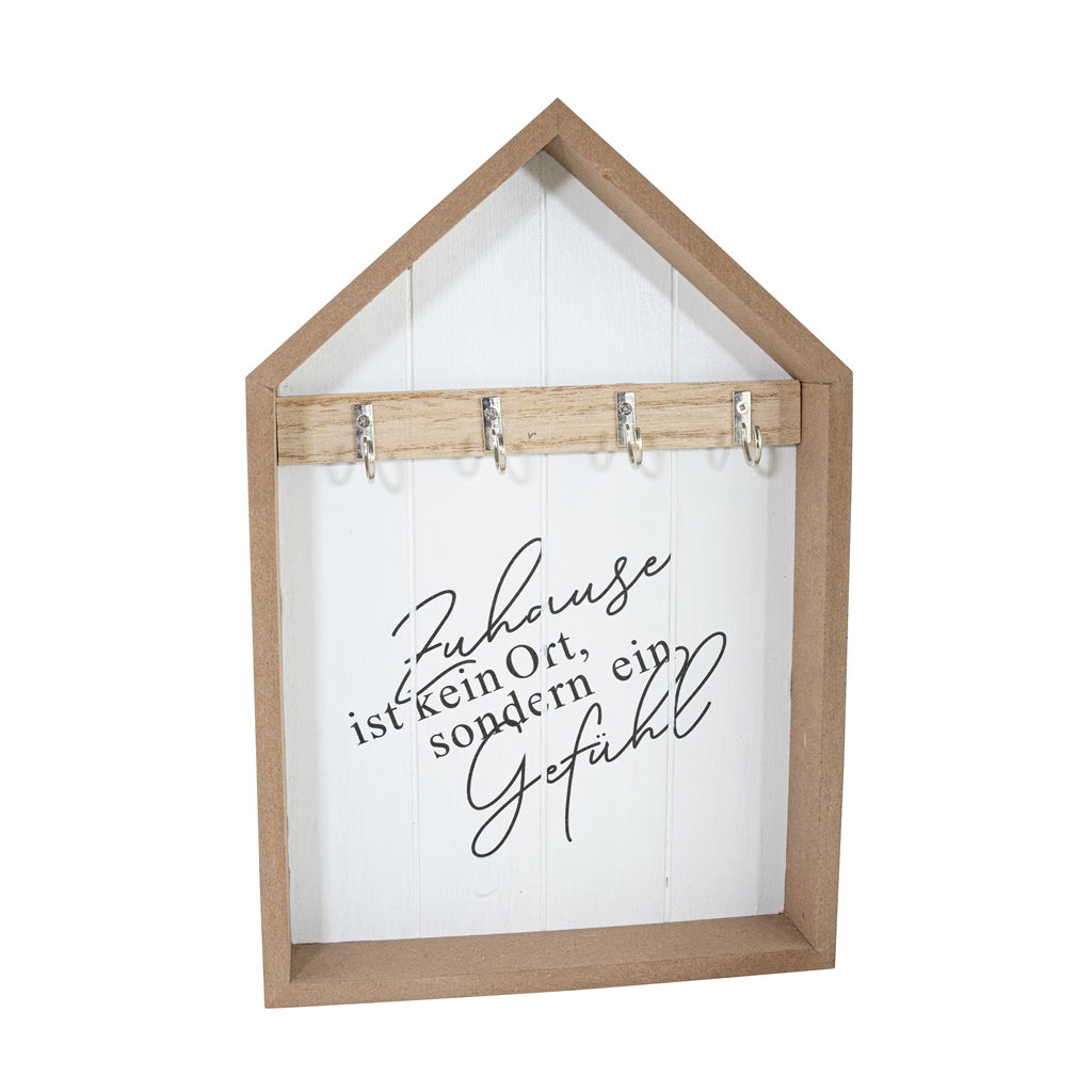 Schlüsselkasten Haus, Zuhause ist kein Ort, sondern ein Gefühl, Holz, 20x3,5x30cm, 1 Stck, weiss,natur Text