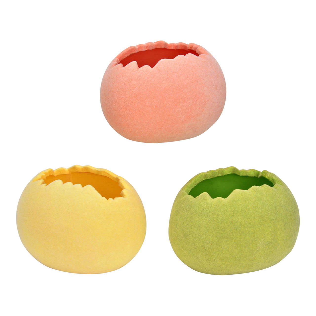 Coquille à oeufs floquée en céramique, 3 compartiments, jaune/rose/vert (L/H/P) 12x9x10cm Coquille à oeufs floquée en céramique, 3 compartiments, jaune/rose/vert (L/H/P) 12x9x10cm