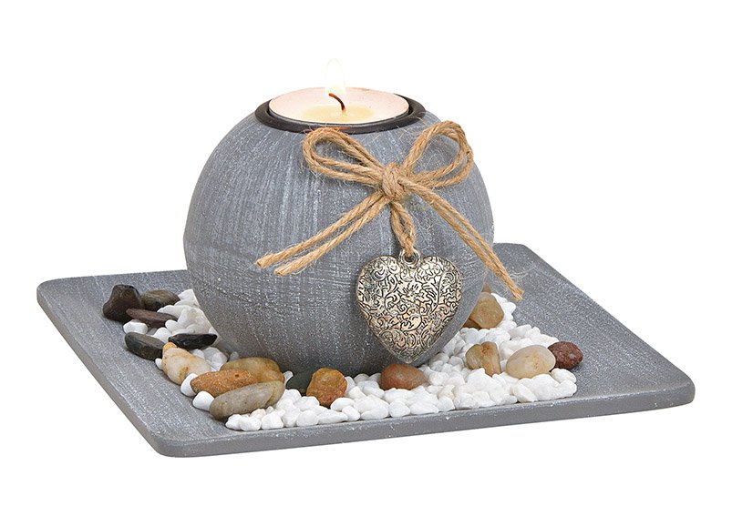 Tealight holder with decorative stones gray made of wood, (w / h / d) 15x9x15cm