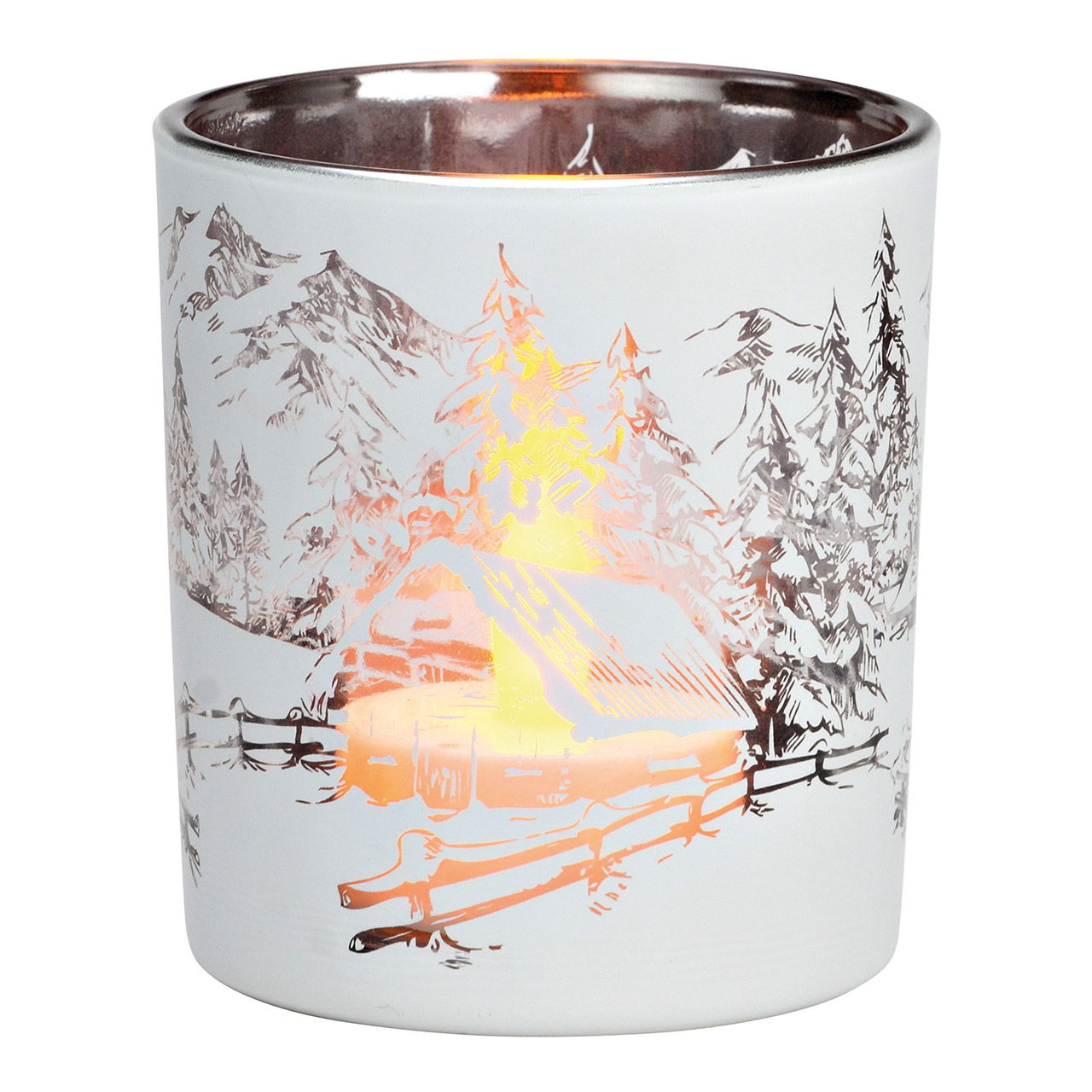 Porta tea light a vento foresta invernale in vetro bianco (L/H/D) 7x8x7cm