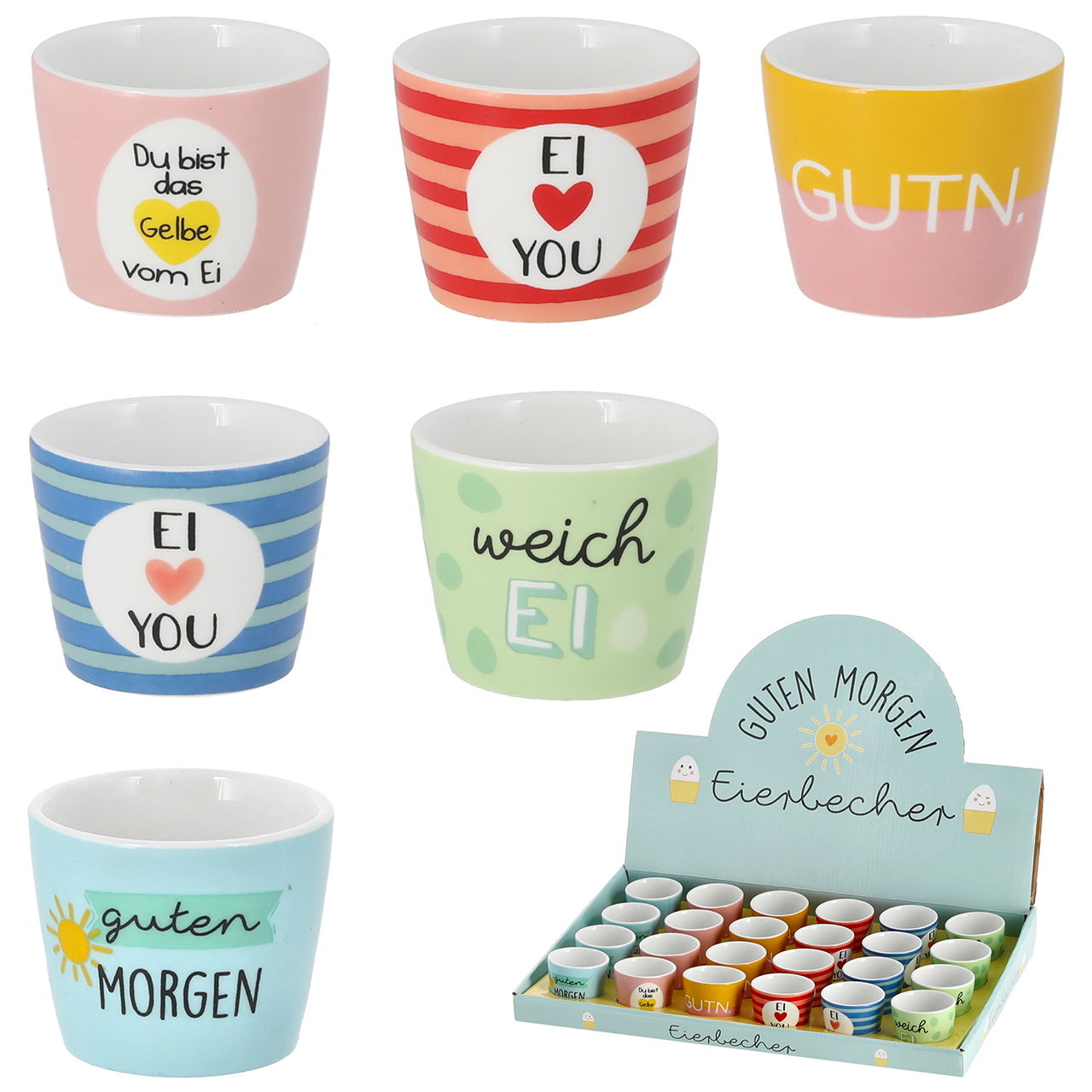 Eierbecher Sprüche aus Keramik, 6-fach, Bunt (B/H/T) 5x4x5cm 24 stk. im Displaybox Eierbecher Sprüche aus Keramik, 6-fach, Bunt (B/H/T) 5x4x5cm 24 stk. im Displaybox