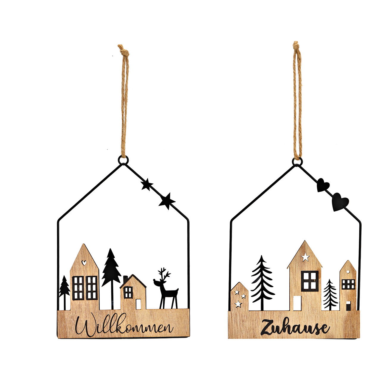 Hanger house, Zuhause, Willkommen, made of metal, wood black 2-fold, (W/H) 15x19cm