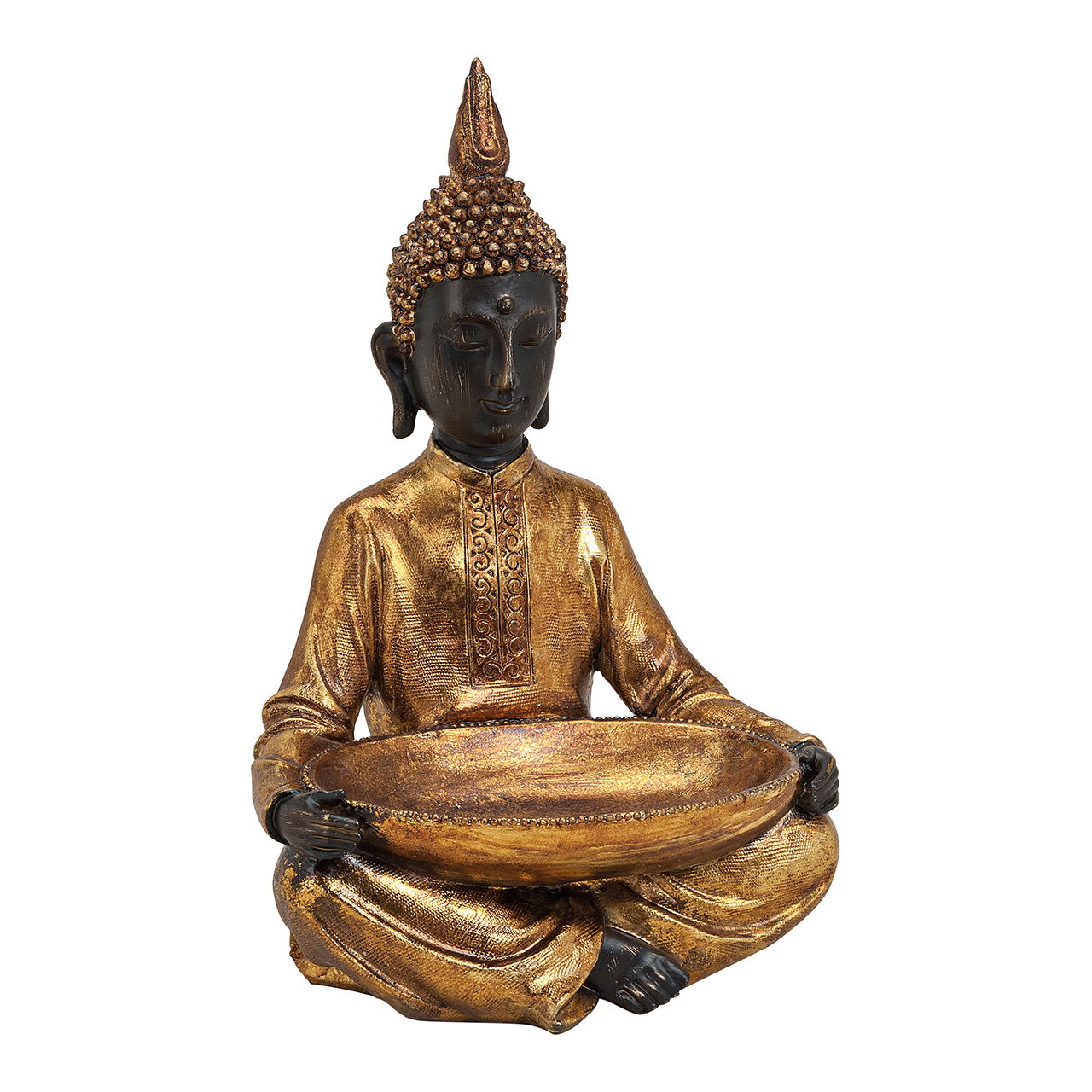 Buddha seduto con ciotola, in oro in poli, L24 x P16 x H37 cm