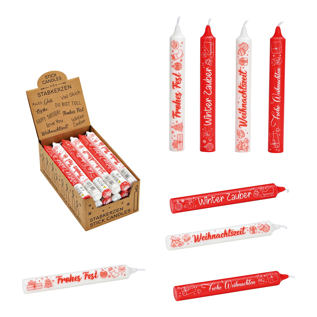 Candles with saying, Christmas motif, made of wax red, white 4-fold, (W/H/D) 2x20x2cm red candle+ white wording ' Frohe Weihnachten' white candle + red wording ' Weihnachtszeit' red candle + white wording ' Winter Zauber' white candle