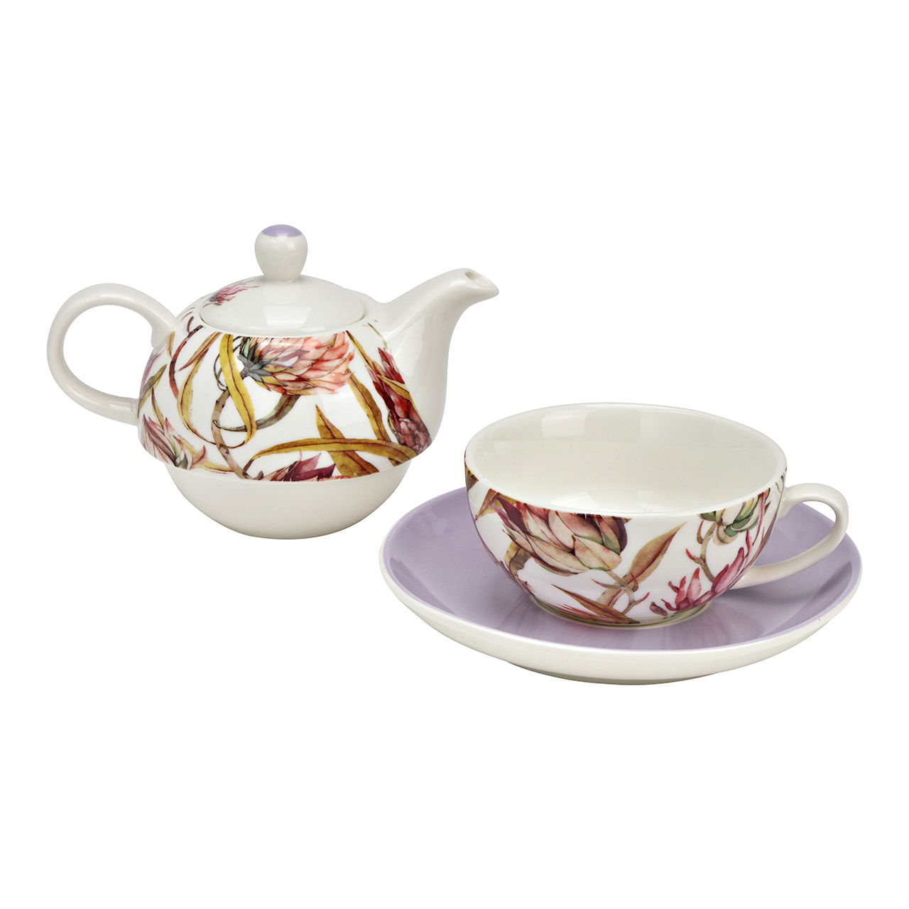 Teekannen Set Magnolie-Blumen Dekor 3-er Set, aus Porzellan lila (B/H/T) 15x16x15cm 400ml/250ml