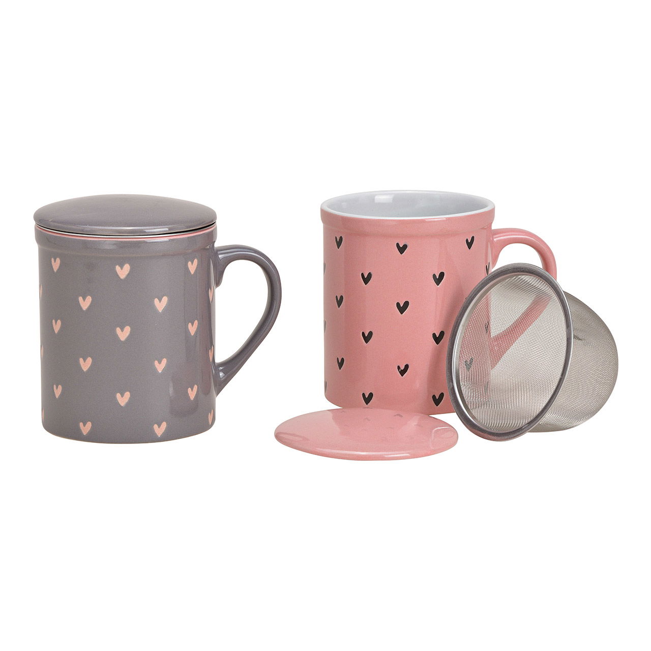 Taza de té de cerámica con decoración de corazón rosa/rosa, gris 2 veces, (c/h/d) 11x10x8cm 340ml