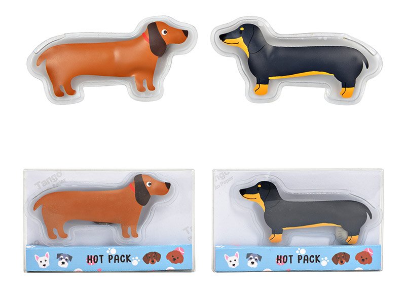 Calentador de bolsillo perro teckel de plástico marrón 2 pliegues, (A/A) 12x6x1cm