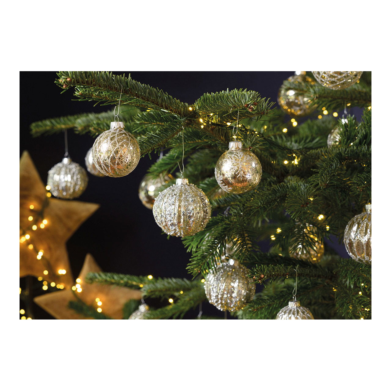 Weihnachtskugel Glitter aus Glas, 4-fach, Silber Ø8cm Pflanze, Baum, Weihnachtsdekorationen, Festival, Weihnachtsbaum