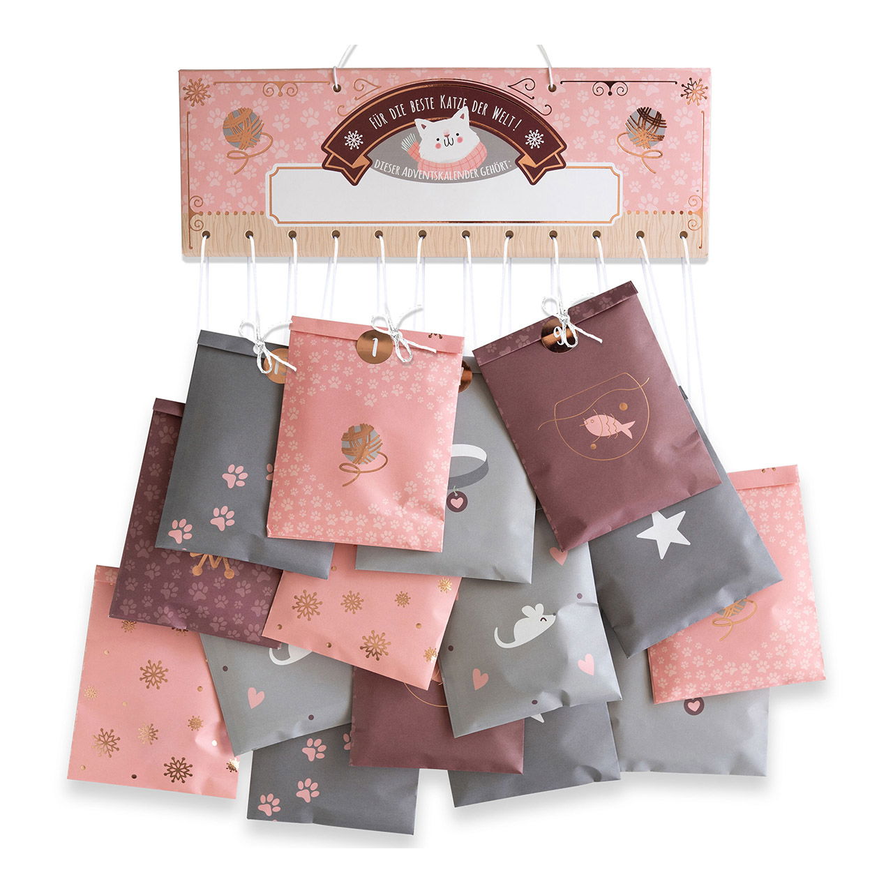 Calendario de Adviento para gatos de papel/cartón, 24 bolsas (ancho/alto) 10x15cm, rosa/verde (ancho/alto) 31x11cm Calendario de Adviento para gatos de papel/cartón, 24 bolsas (ancho/alto) 10x15cm, rosa/verde (ancho/alto) 31x11cm