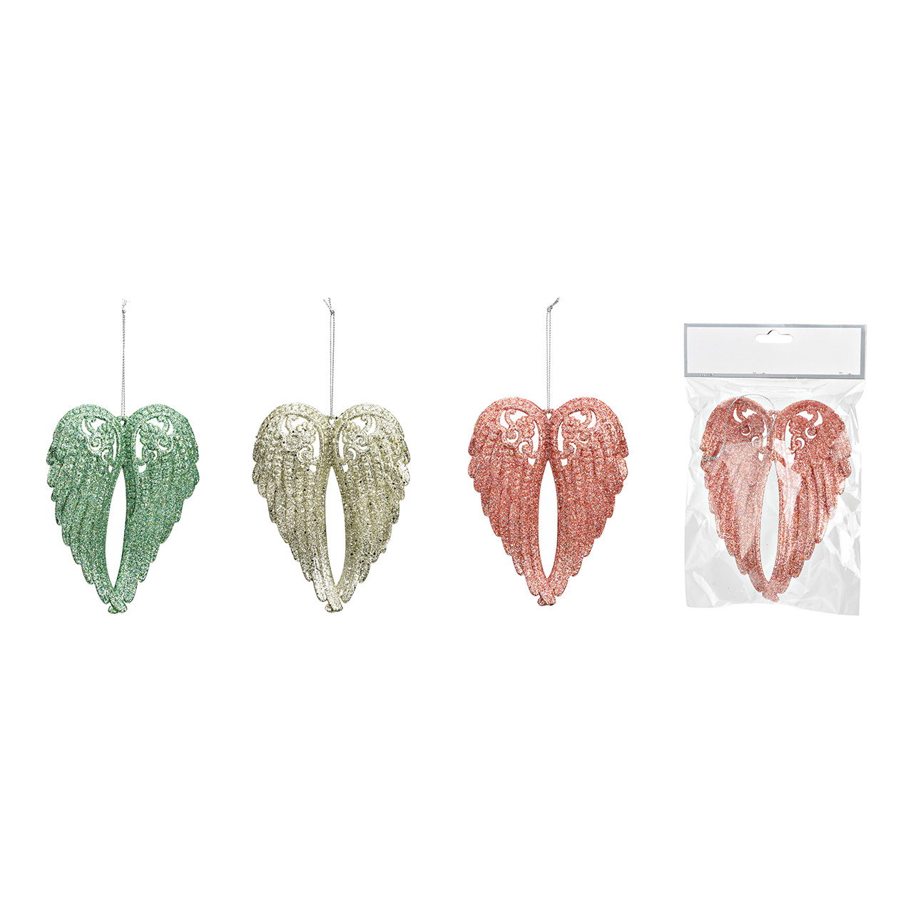 Suspension ailes d'ange avec paillettes en plastique champagne, vert, rose 3 fois, (L/H/P) 10x14x2cm Suspension ailes d'ange avec paillettes en plastique champagne, vert, rose 3 fois, (L/H/P) 10x14x2cm