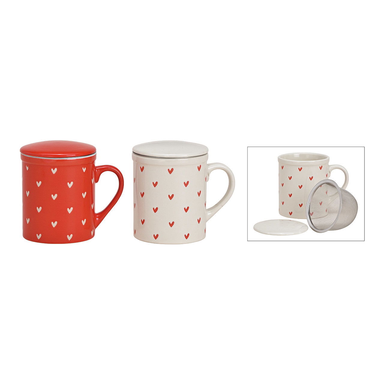 Teebecher Herz Dekor mit Metall Sieb aus Keramik Weiß, rot 2-fach, (B/H/T) 11x10x8cm 340ml Teebecher Herz Dekor mit Metall Sieb aus Keramik Weiß, rot 2-fach, (B/H/T) 11x10x8cm 340ml