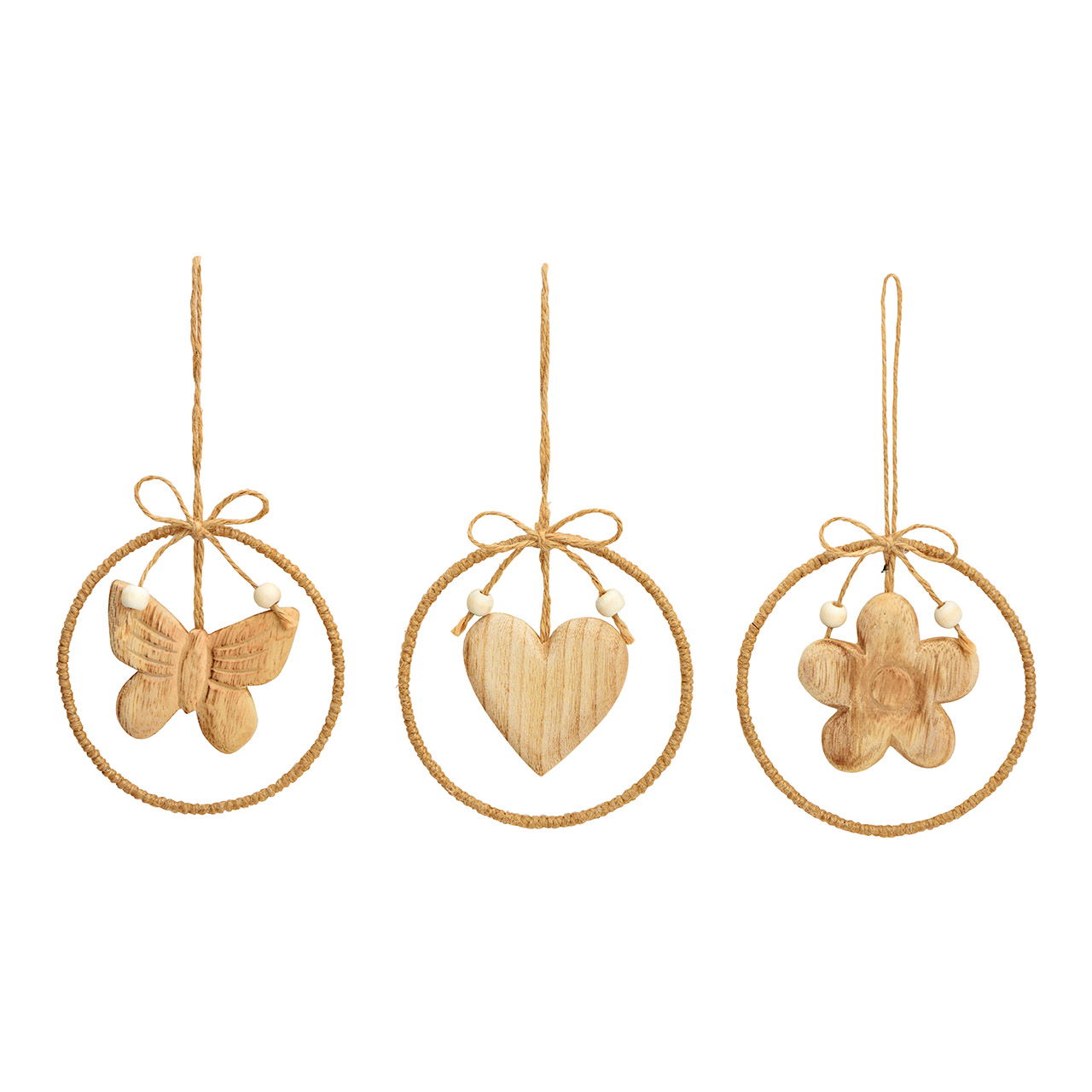 Suspension fleur, coeur, papillon en bois de paulownia naturel 3 fois, (L/H) 11x11cm