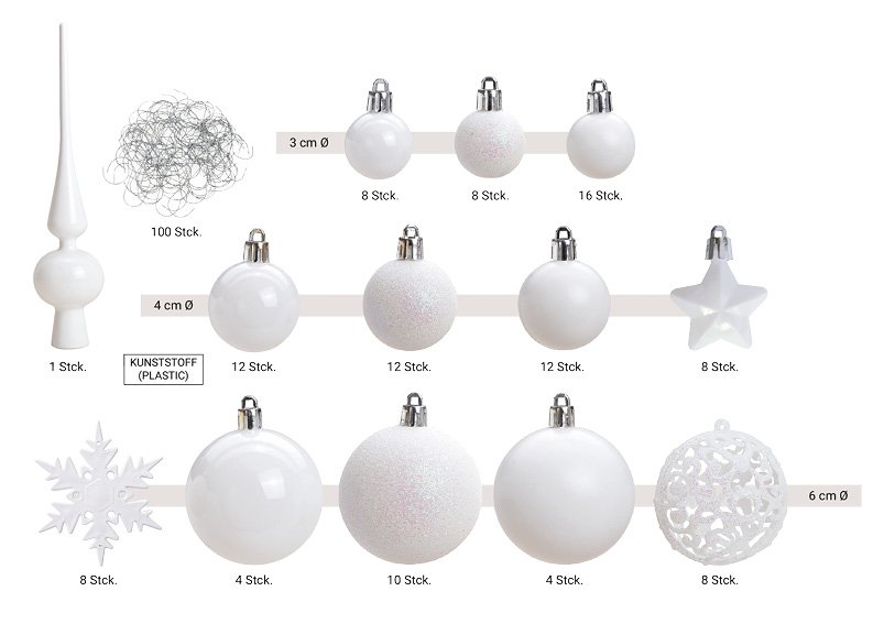 Juego de bolas de Navidad, plástico Blanco Juego de 111, (c/h/d) 36x23x12cm Ø 3/4/6 cm
