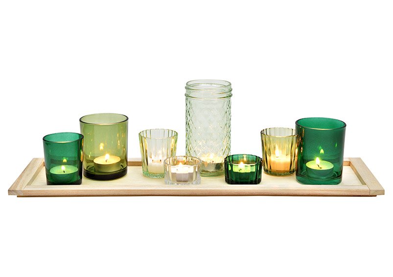 Lantaarn set van glas groen 9st, 8x lantaarn op houten dienblad (B/H/D) 50x15x15cm