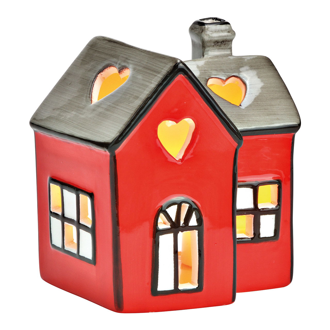 Theelichthouder keramiek huis grijs, rood (B/H/D) 10x12x8cm