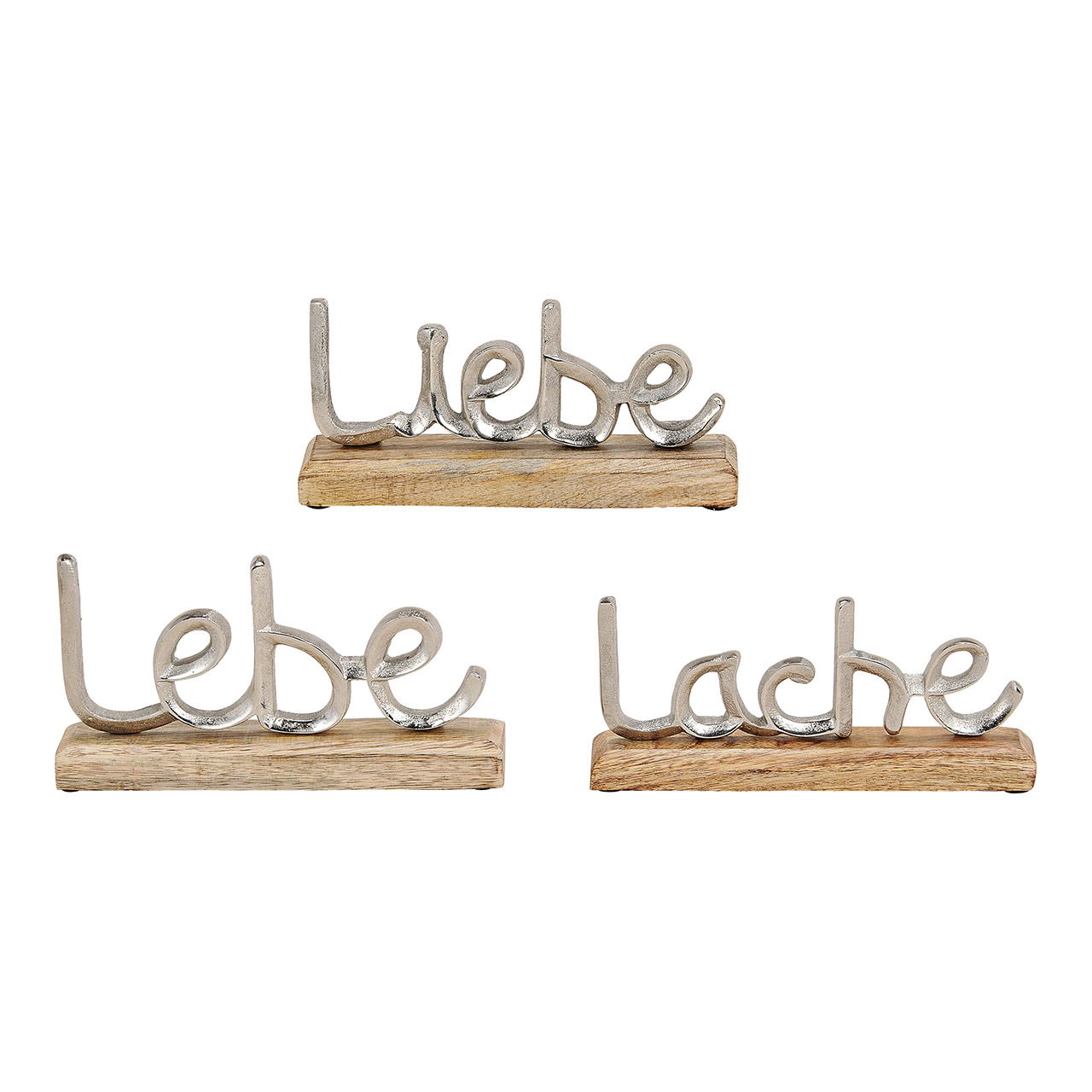 Supporto, scritta Lache, Lebe, Liebe, in metallo su legno di mango argento, marrone, 3 pieghe, (L/H/D) 22x11x5cm Supporto, scritta Lache, Lebe, Liebe, in metallo su legno di mango argento, marrone, 3 pieghe, (L/H/D) 22x11x5cm