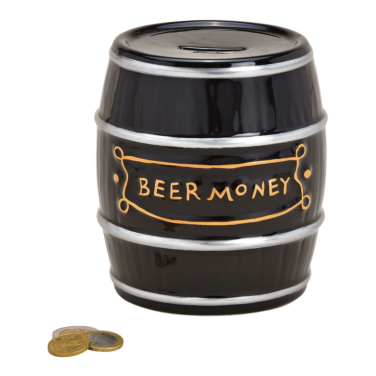 Spardose Fass, Beer Money, aus Keramik Schwarz (B/H/T) 13x14x13cm Fass