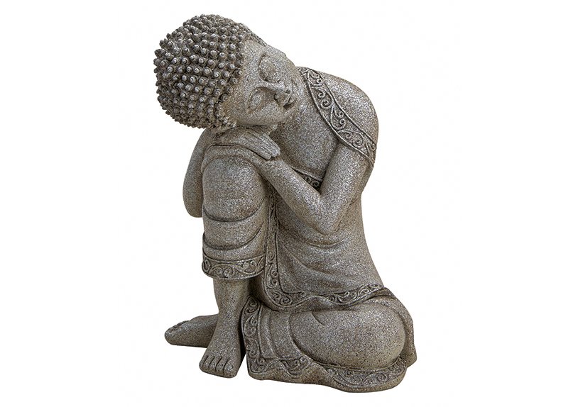 Bouddha assis gris en poly, L14 x H20 cm