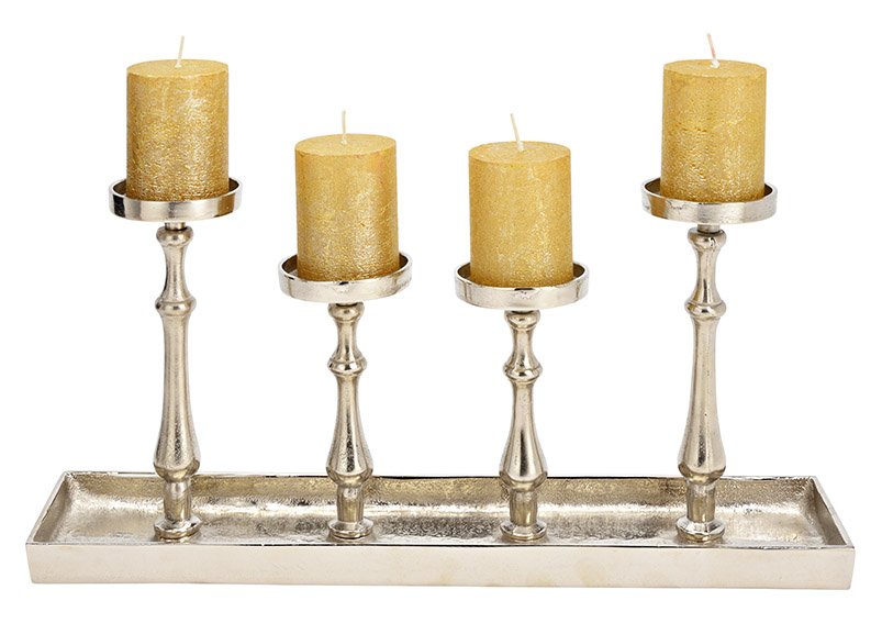 Advent arrangement, kaarsenhouder voor 4 kaarsen gemaakt van metaal zilver (B/H/D) 52x25x12cm