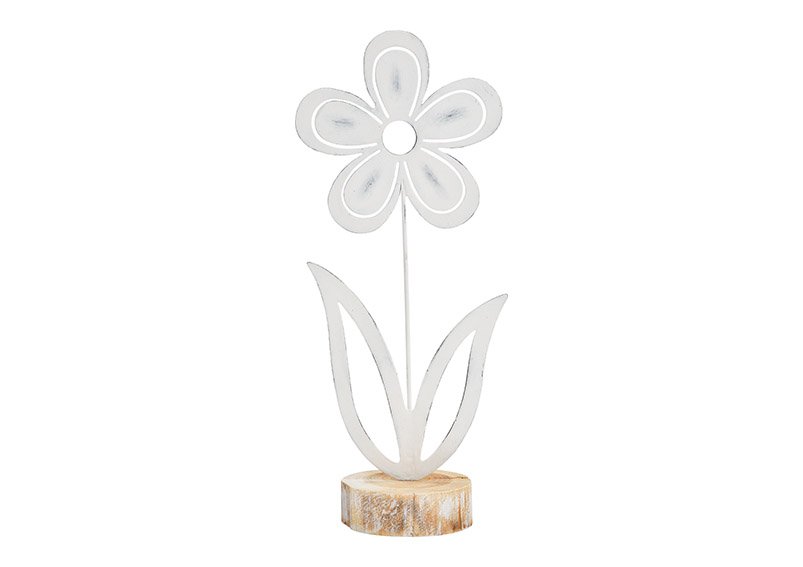 Blume auf Holzsockel aus Metall weiß (B/H/T) 14x32x9cm