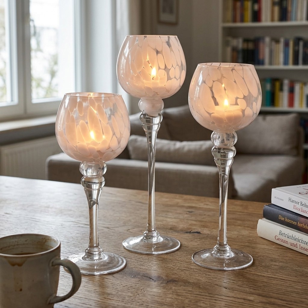 Windlicht Kelch mit Punkten aus Glas, 3er-Set, Weiß/Transparent Ø13cm (H) 30/35/40cm glas-Weingläser, Wein-Gläser, Kristall, Stielglas, 3er-Set