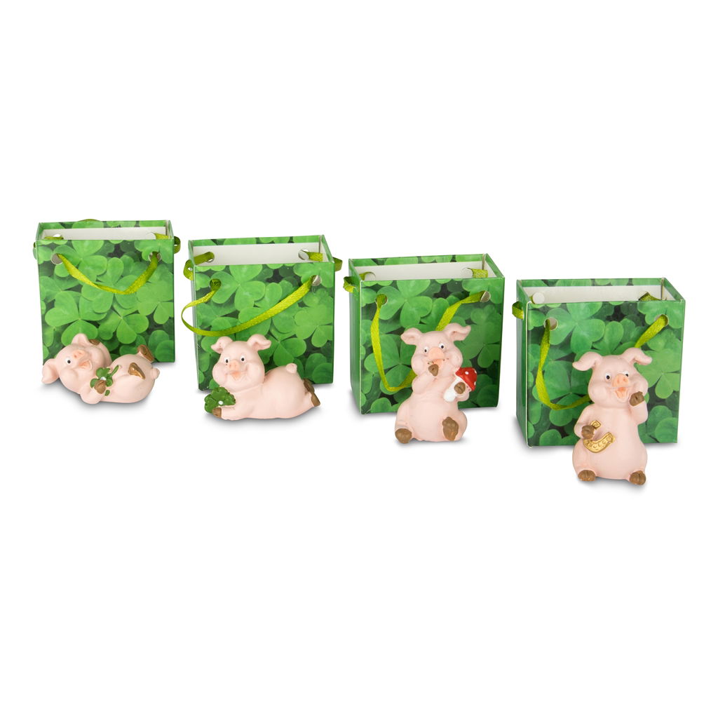 Figurina di maiale portafortuna in sacchetto di carta, 4 motivi assortiti, poli, 3,5x2,5x4,5 cm, 1 pz, rosa Figur, Kräuter, Pflanze