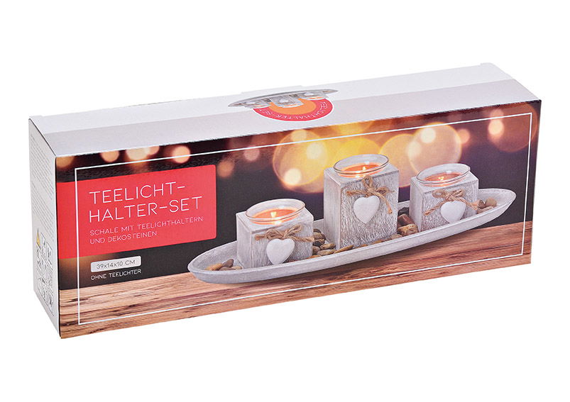 Teelicht Set mit Tablett für 3 Teelichter, Grau (B/H/T) 39x10x14cm Kerze