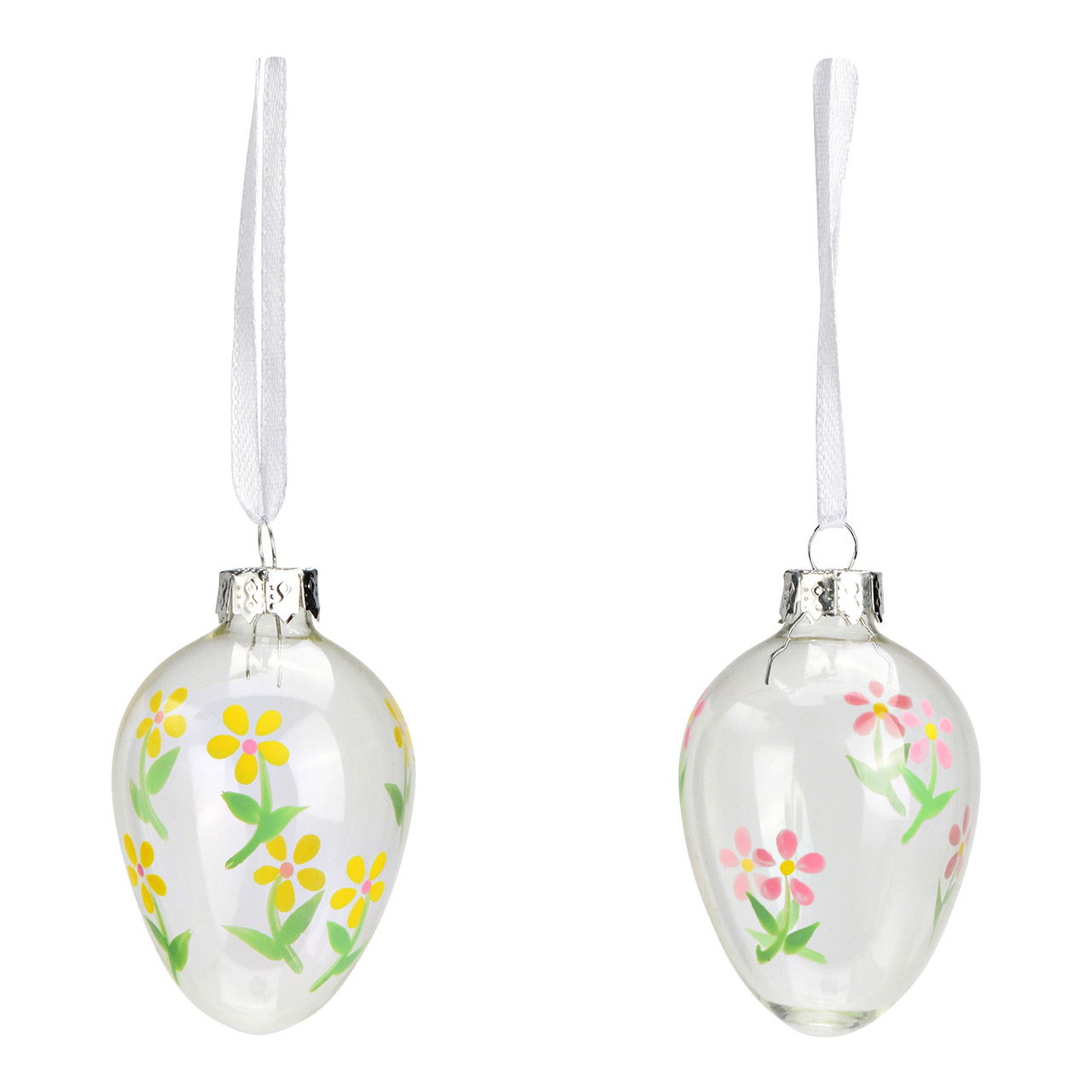 Hänger Ostereier Blumen Dekor aus Glas, 6-Set, Transparent/Gelb/Rosa (B/H/T) 4x6x4cm/13x13x4cm Hänger Ostereier Blumen Dekor aus Glas, 6-Set, Transparent/Gelb/Rosa (B/H/T) 4x6x4cm/13x13x4cm