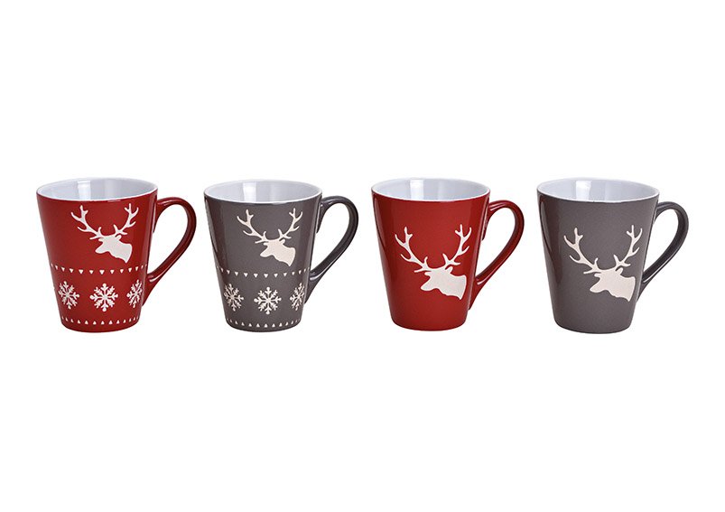 Cup deer decor stoneware red 2-ass, 12x10x9cm 300ml