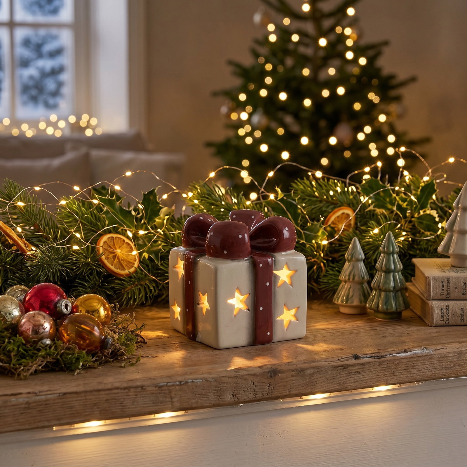 Geschenk LED aus Keramik Bordeaux (B/H/T) 6x7x6cm exkl. 2xLR44 geschenk, kaufgeschenk, weihnachten, ring, sterne