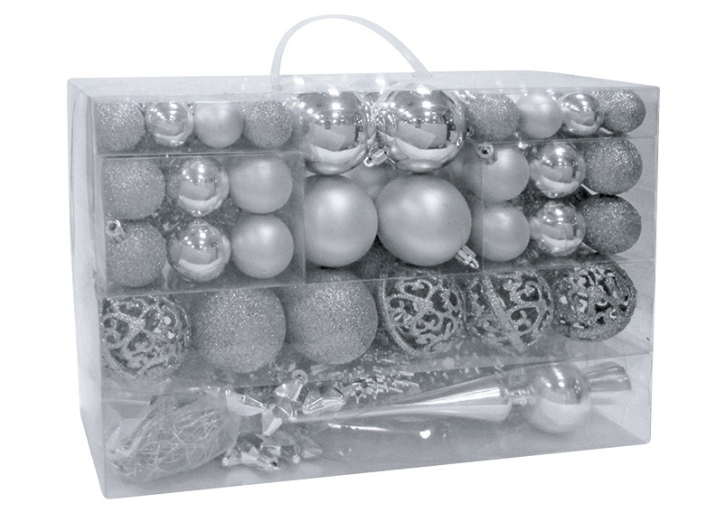 Adornos de Navidad de plástico, lote de 111, plata Ø3/4/6cm (A/A/P) 36x23x12cm Weihnachtsdekorationen, Festival, Zubehör, Weihnachtsbaum, Christbaumschmuck