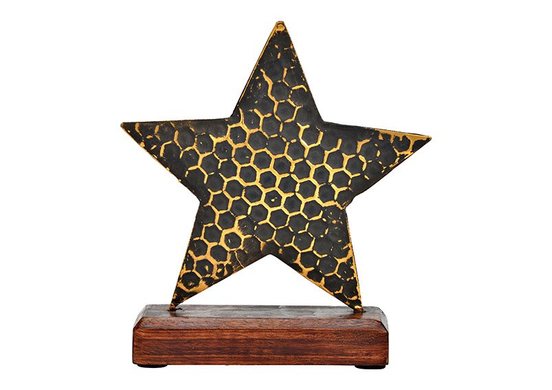 Stand star on mango wood base of metal black (W/H/D) 15x17x5cm