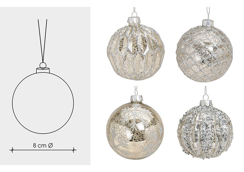 Weihnachtskugel Glitter aus Glas, 4-fach, Silber Ø8cm Zubehor, Ohrring, Schmuck