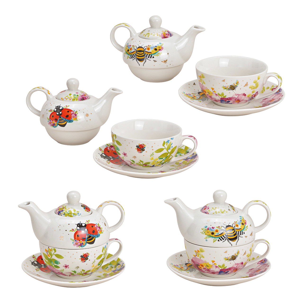 Set de théières Coccinelle, Abeille en porcelaine Coloré, doré 2 fois, (L/H/P) 17x14x17cm 400/300ml