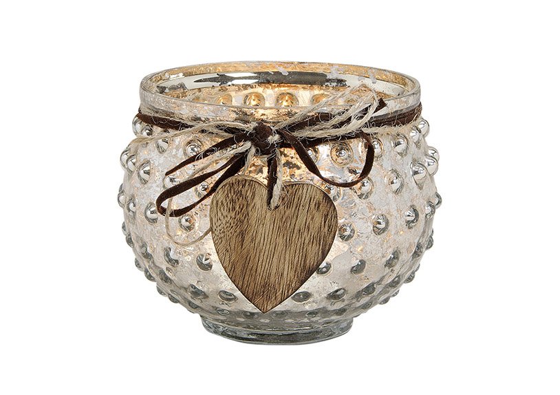 Glazen lantaarn met houten hart hanger zilver (w/h/d) 13x10x13cm
