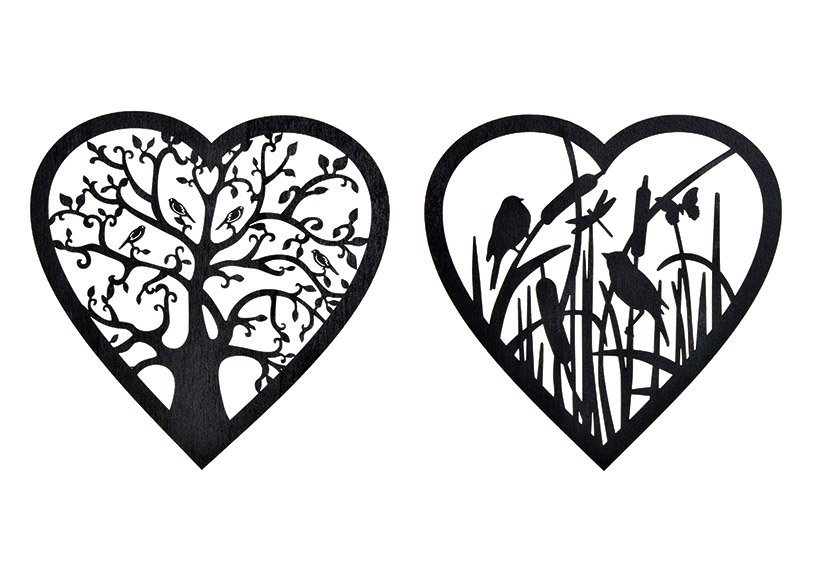 Decoración de pared árbol de corazón, decoración de pájaros en madera negra de 2 pliegues, Ø20cm