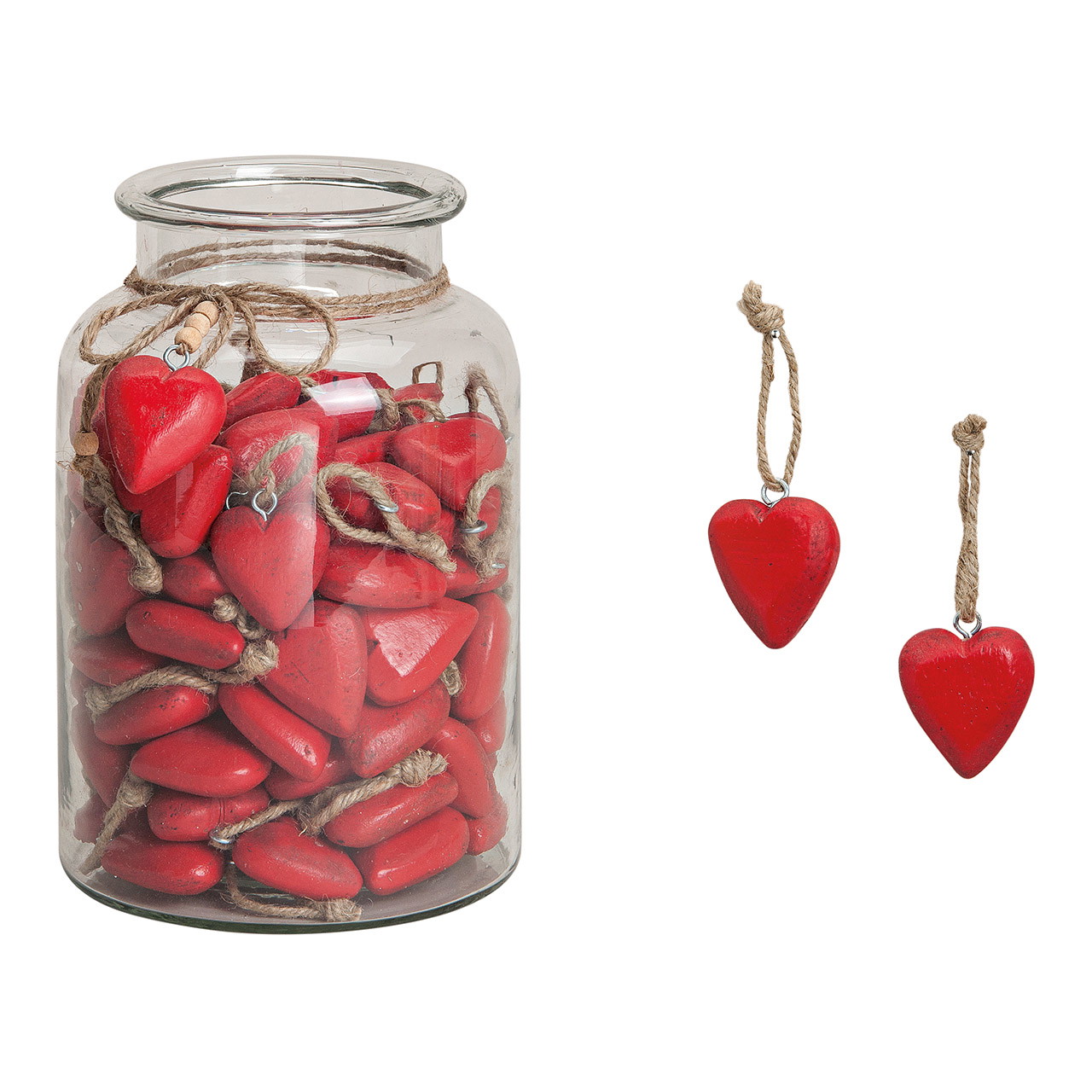 Hänger Herz in rot im Glas, aus Holz (B/H/T) 4x5x1,5 cm glasgefäß, rote herzen, hängeornamente, juteschnur, valentinsdeko