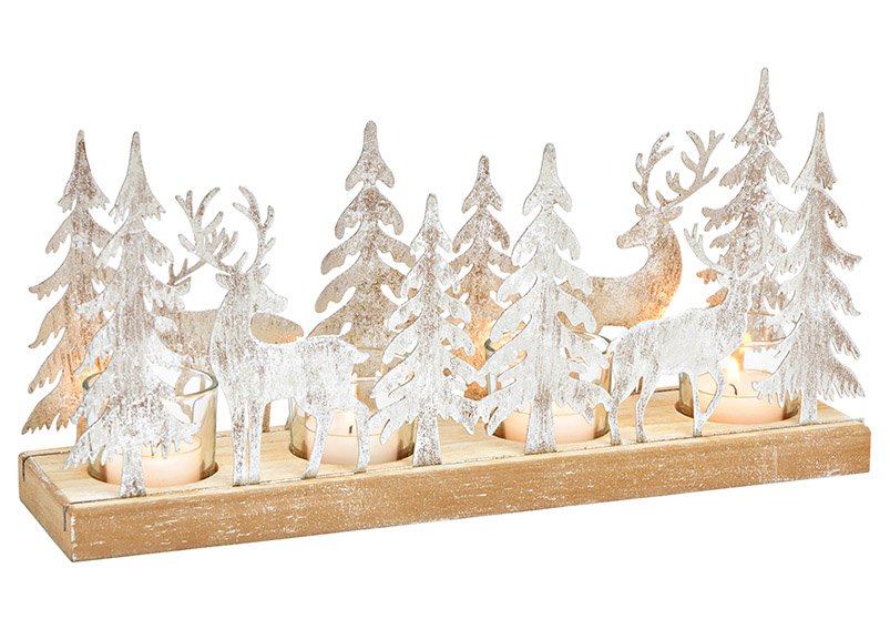 Advent arrangement, tea light holder deer winter forest of wood/metal/glass silver (W/H/D) 33x16x9cm