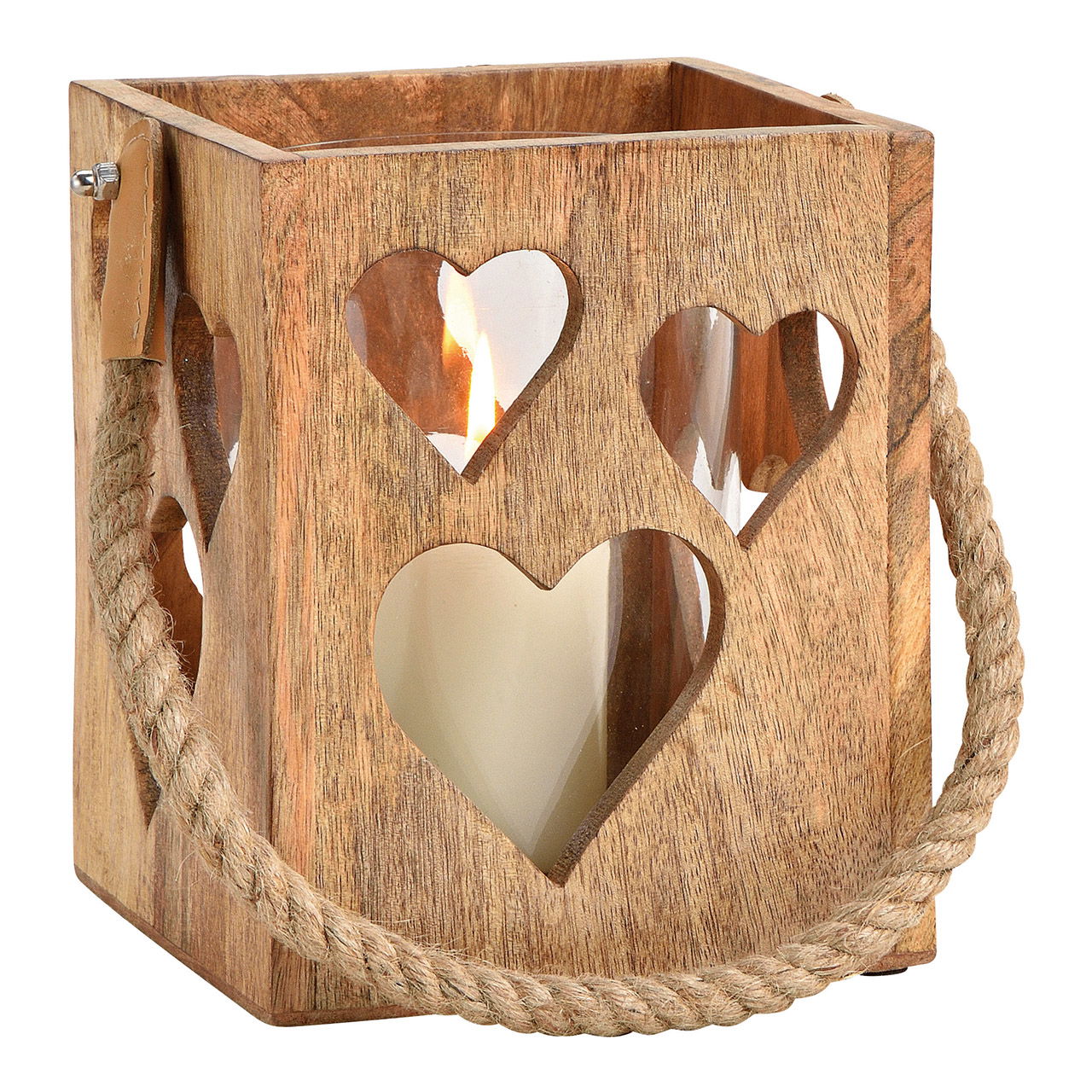 Lámpara de viento corazón en vidrio, madera de mango natural (A/H/D) 15x18x15cm