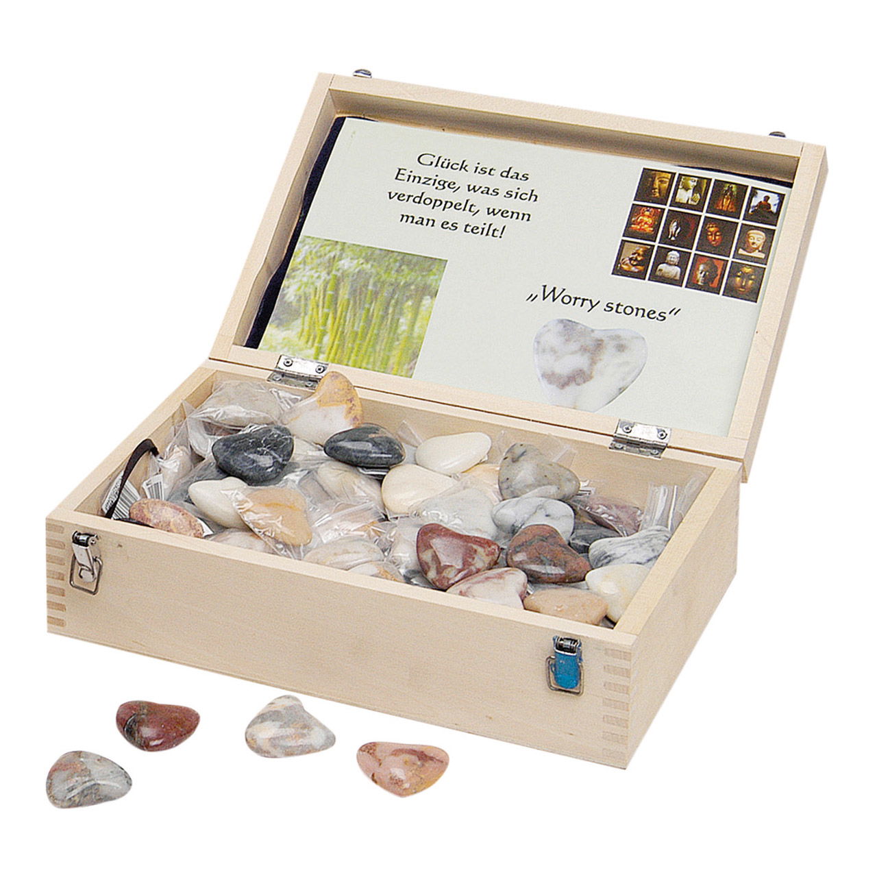 Marmeren harten, gesorteerd, 4 cm, 100 stuks in houten display Marmeren harten, gesorteerd, 4 cm, 100 stuks in houten display