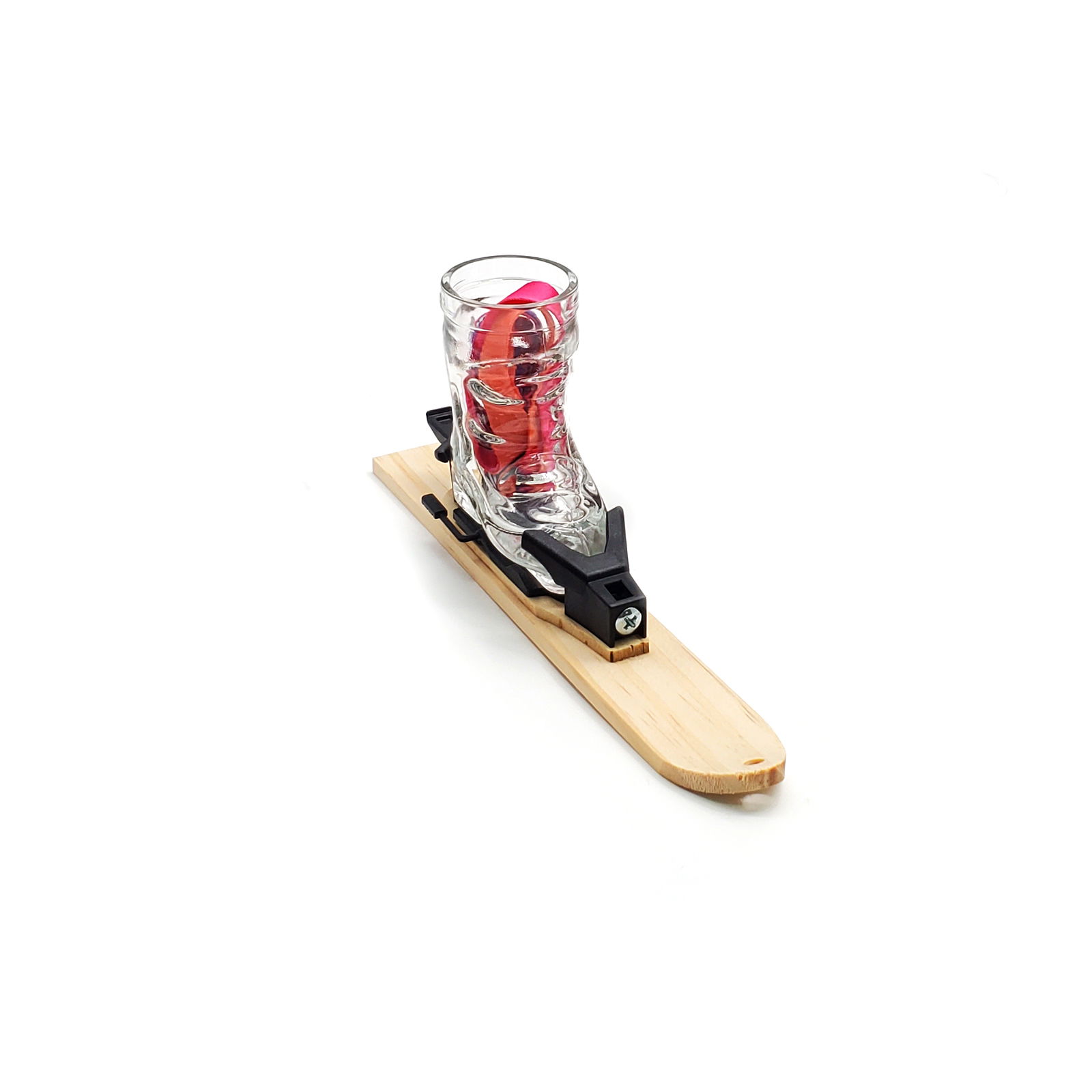 Apres-Allstars ski boots shot glass set with mini skis made of wood, binding, lanyards set of 4, made of glass transparent 4cl glass 69x36x74mm, binding 110x38x24mm 