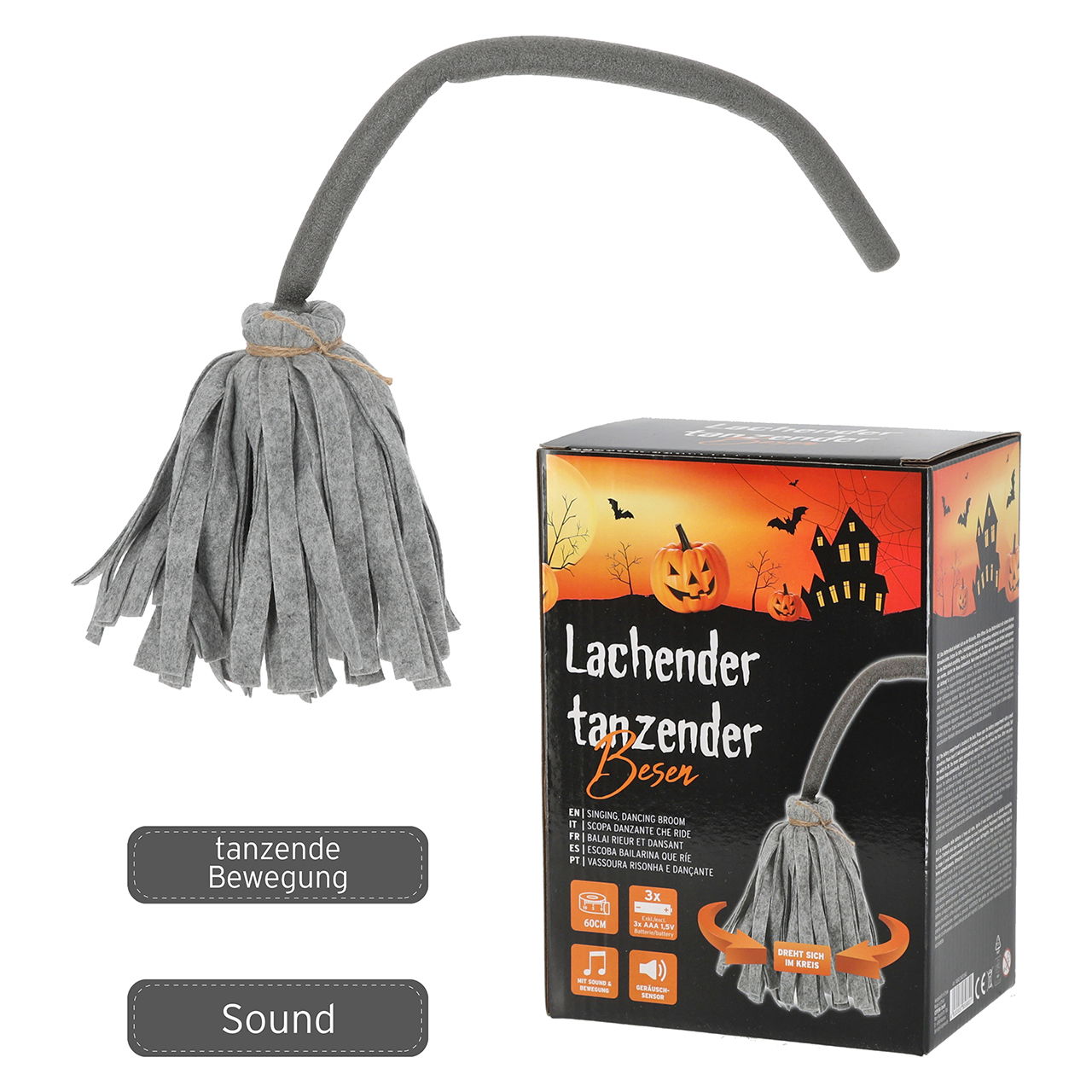 Broom with sound and movement (incl. on/off switch) made of plastic, gray (W/H/D) 20x60x20cm Broom with sound and movement (incl. on/off switch) made of plastic, gray (W/H/D) 20x60x20cm