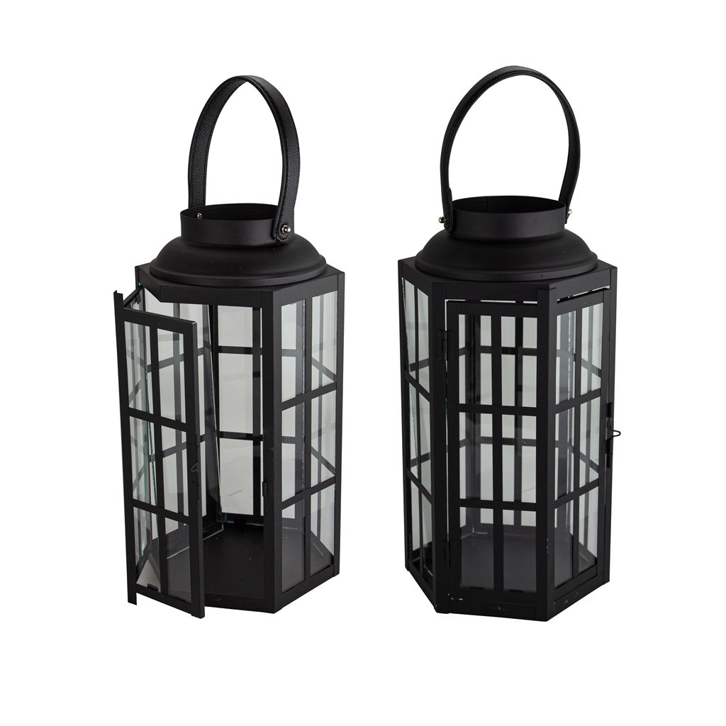 Laternenset 6 eckig, Metall/Glas, 16x14x26,5cm/ 19x16,5x32cm, 2 St./ Set, schwarz, EAN 16x14x26,5cm: 4065557000947 EAN 19x16,5x32cm: 4065557001388 Lampe, Laterne
