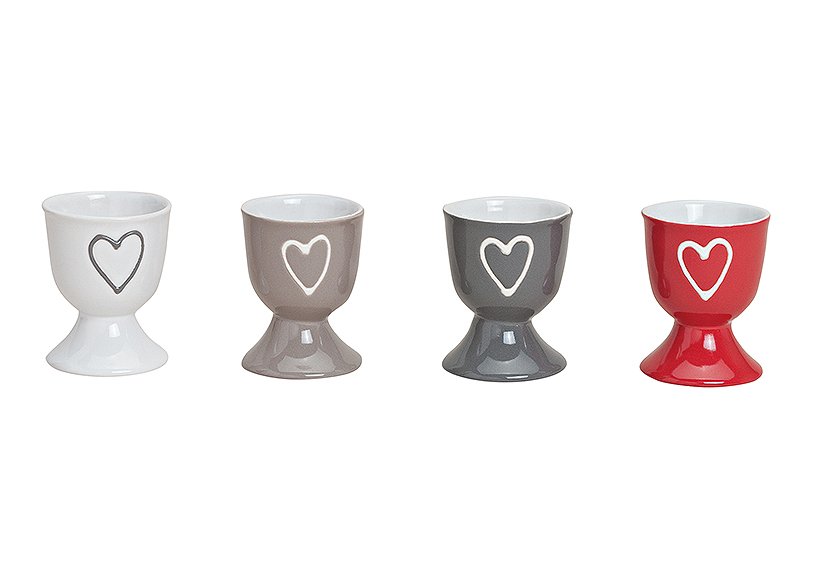 Egg cup heart design, ceramic, 4 assorted (h) 6cm, ø 5 cm