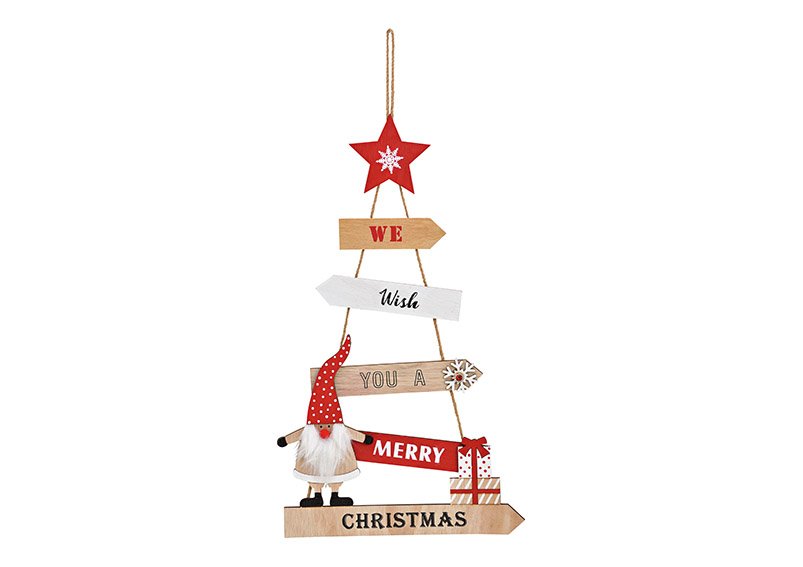 Suspension Sapin de Noël, We wish you a merry Christmas, en bois Rouge (L/H) 27x47cm