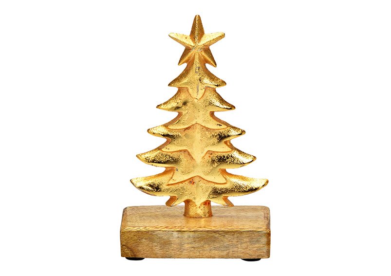 Display dennenboom op mango houten voet, metaal goud (w/h/d) 10x16x5cm