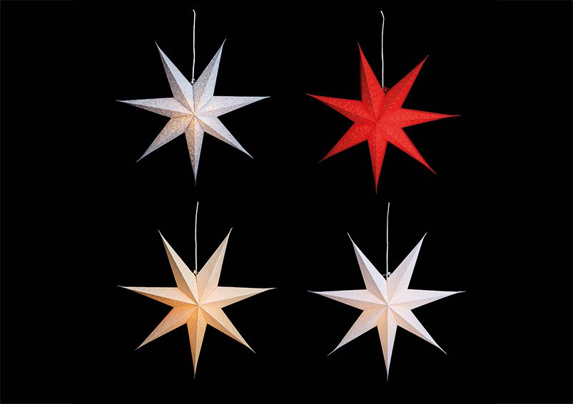 Estrella luminosa con 7 puntas de papel/cartón Rojo,blanco,plata,crema 4 pliegues, (A/H/D) 60x19x60cm