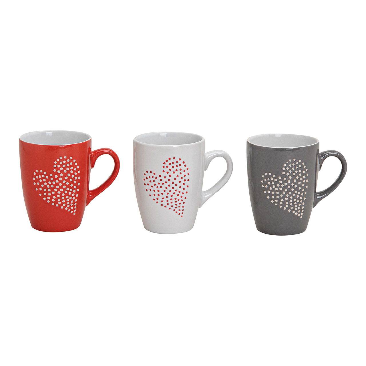 Heart mug in white/red/grey ceramic, 3 assorted, 10 cm, 250 ml